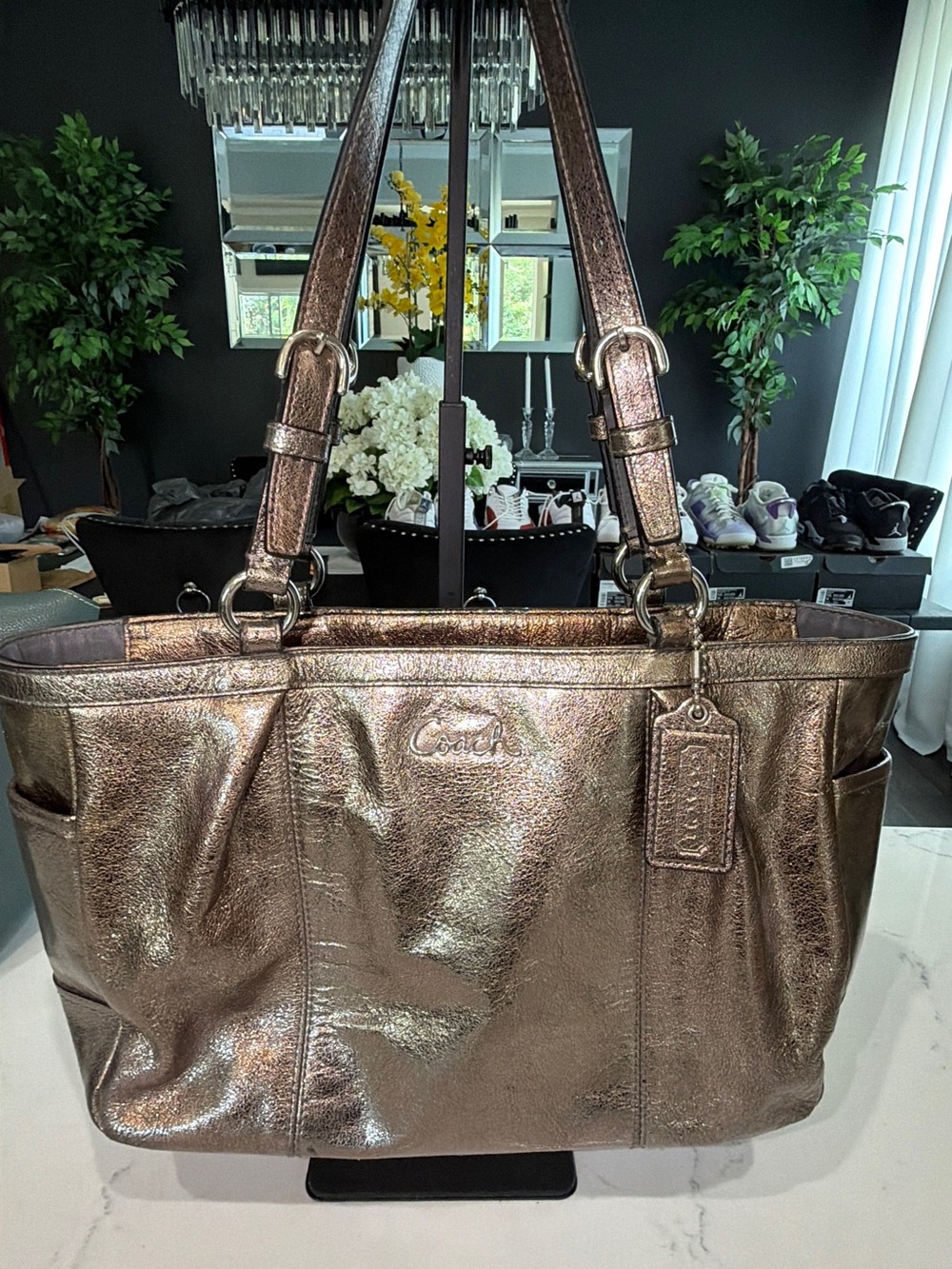 Coach Metallic Bronze Leather Tote with Dual Straps